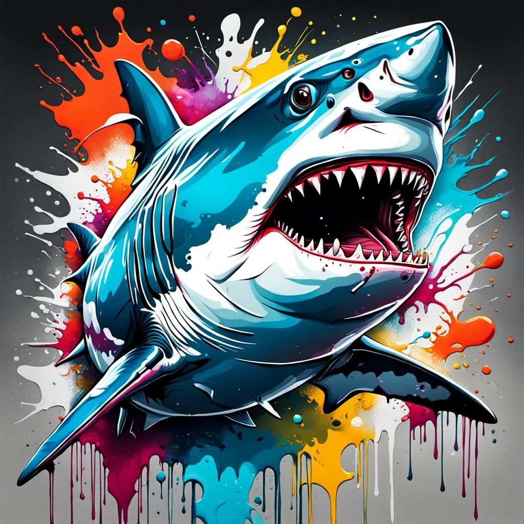 White Shark Graffiti Art in Splash Style