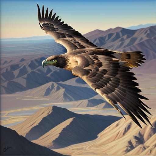 Direct light Golden Eagle with golden head soaring above San Jacinto Mountains in the Coachella Valley. California. oil;...
