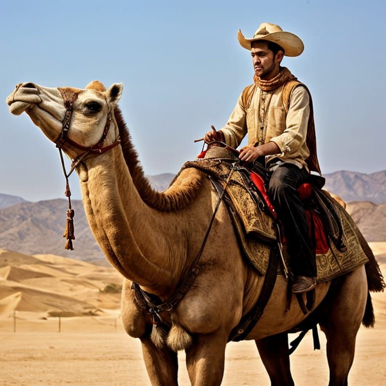 Camel and Rider in Desert Landscape