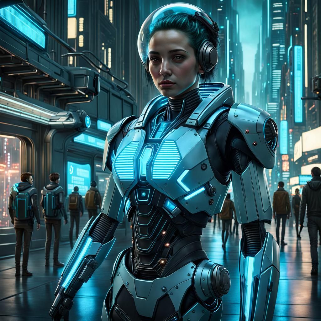 Futuristic Cityscape with Humanoid Assistant