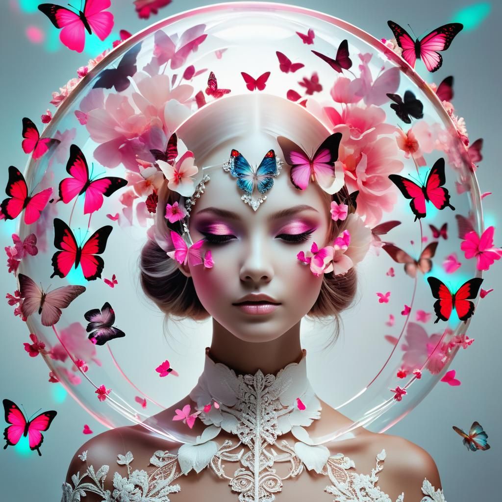 Butterfly Shield with Woman Portrait in Double Exposure