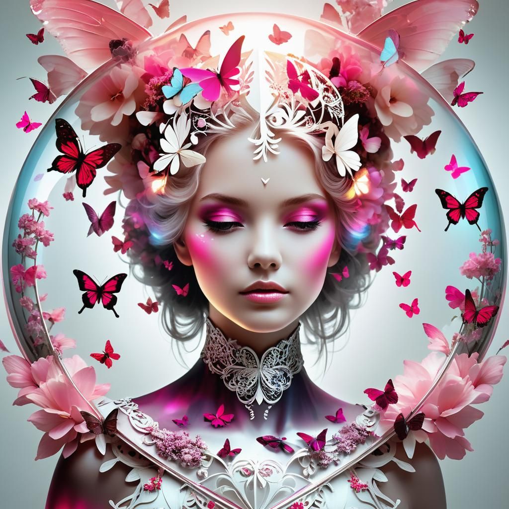 Romantic Shield Portrait with Butterflies in Double Exposure