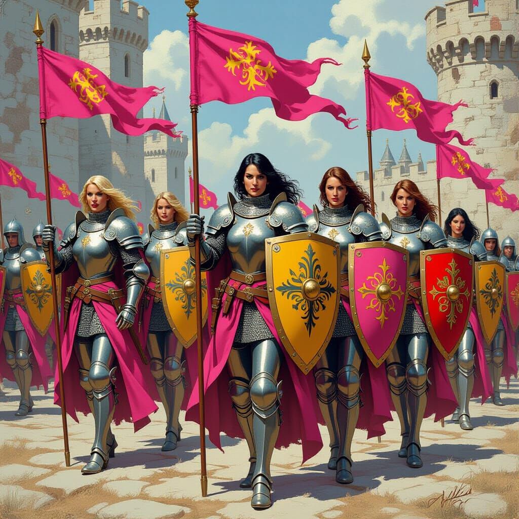 Women Knights with Heraldic Shields in Fantasy Art Style