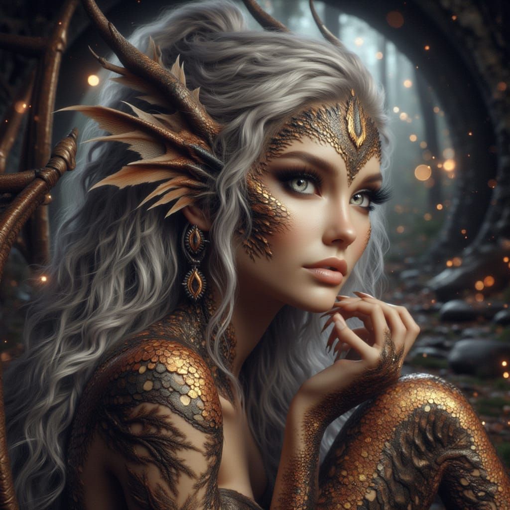 Dragon Woman at Cave Entrance in Art Nouveau Style