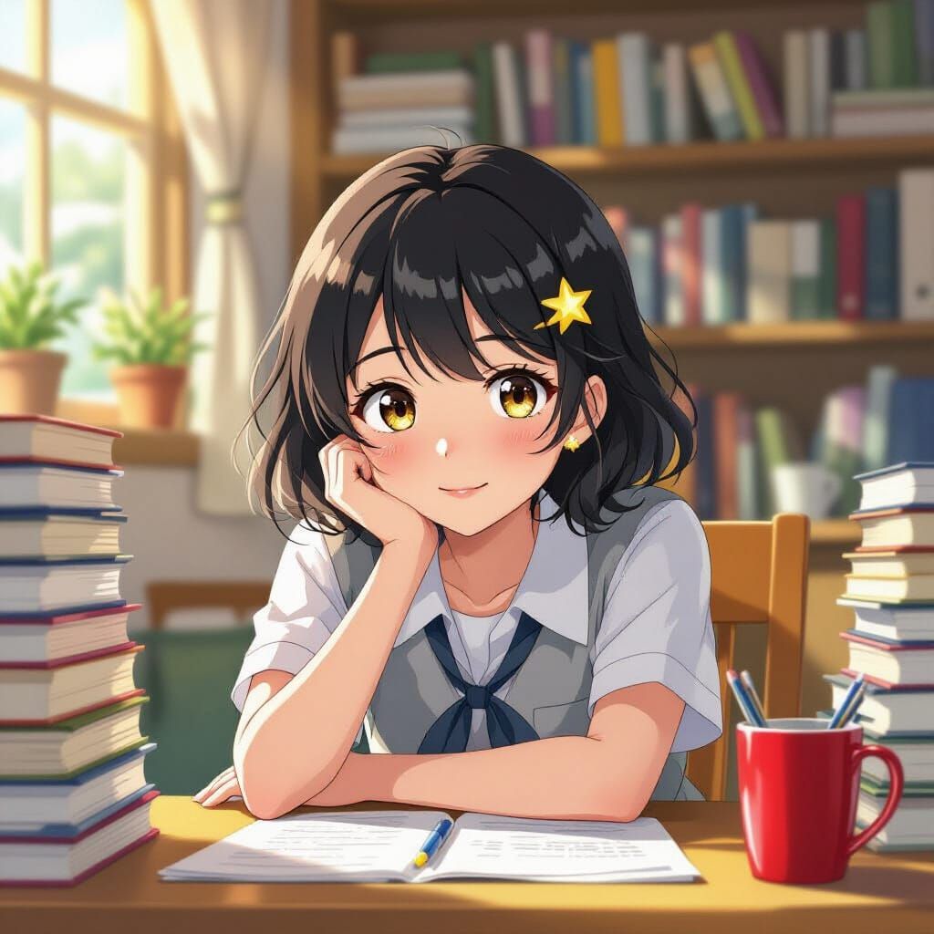 Cozy Anime Study Room with Girl in Sunlight