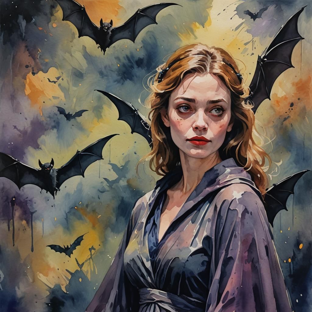 Woman Bat Transformation in Gouache Style