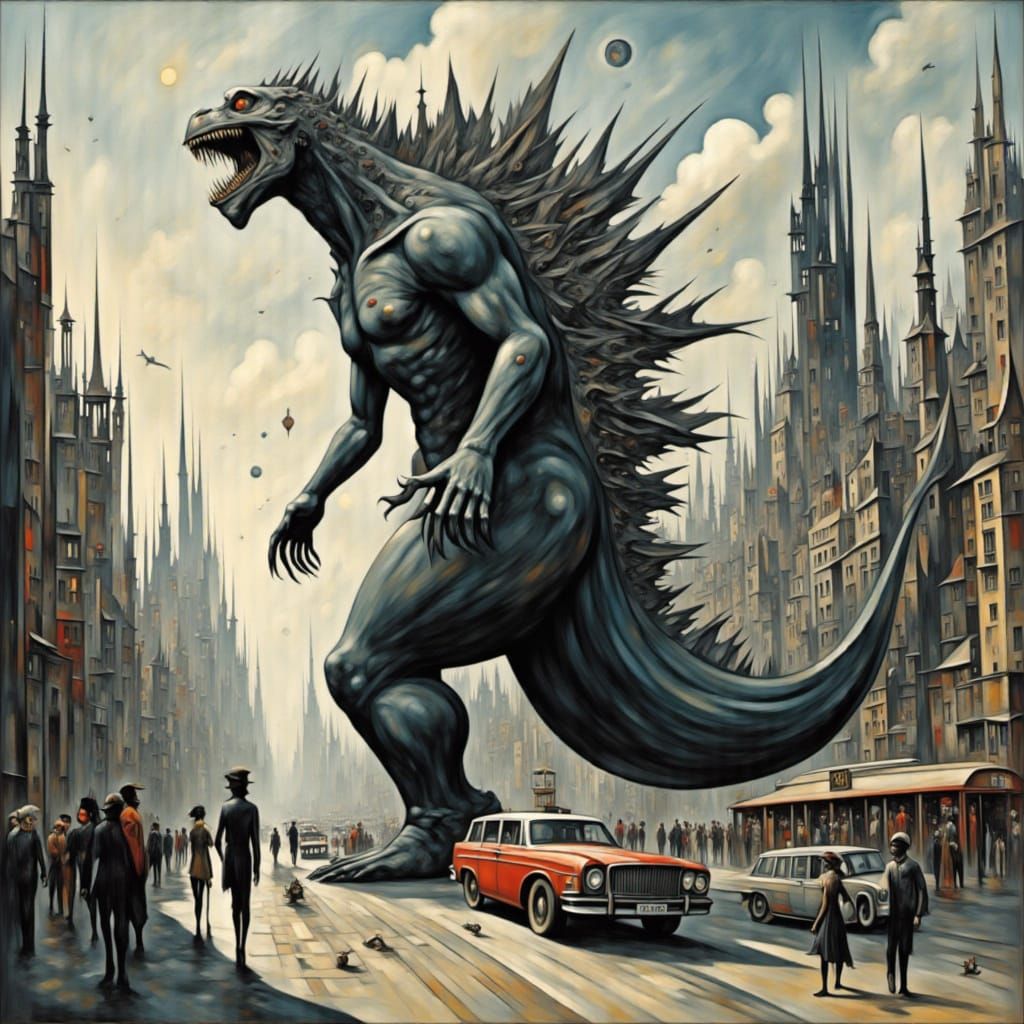 Godzilla Destroys City, Crushing Cars and Wielding Bus