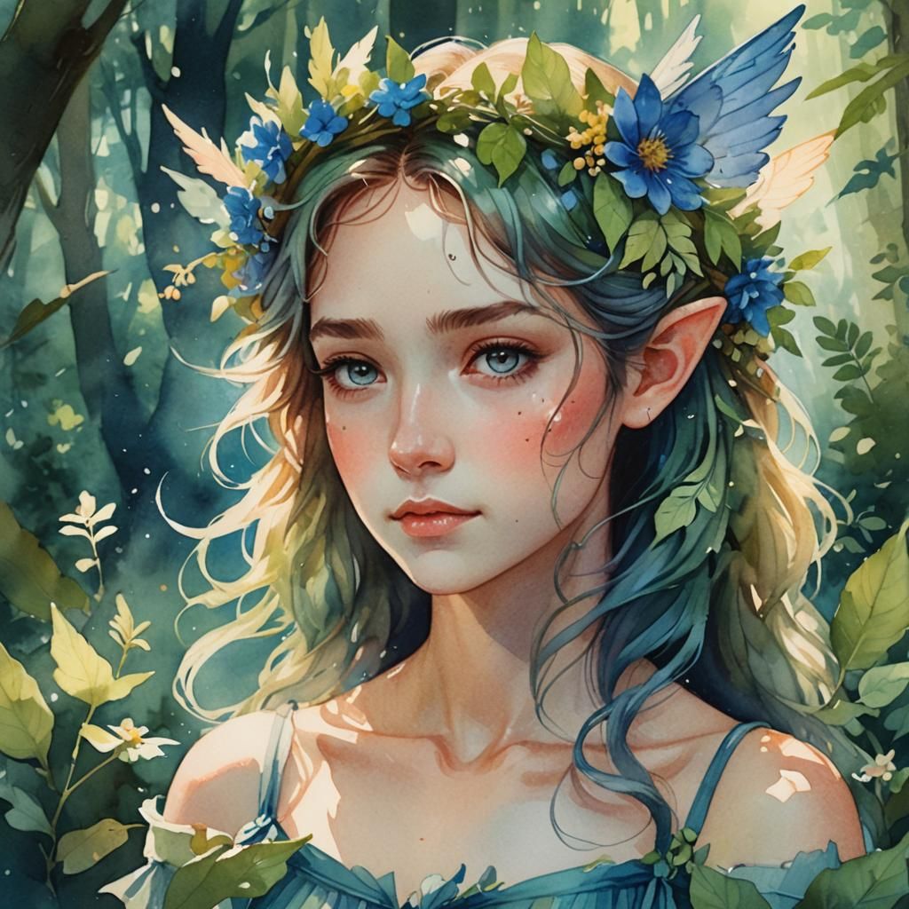 Summer Fae Portrait in Ghibli-Inspired Watercolor
