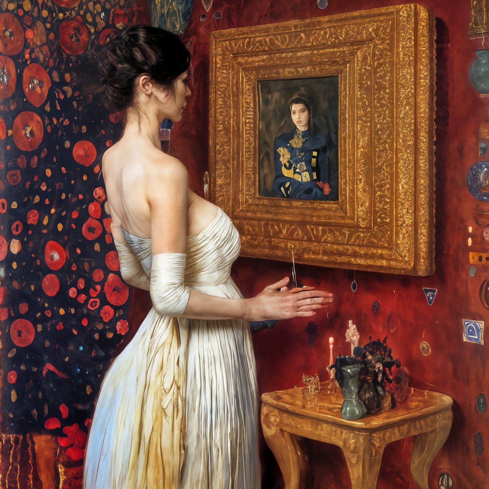 Her Father took this painting down because of her infatuation with the Sitter. She found it and restored it to the wall,...