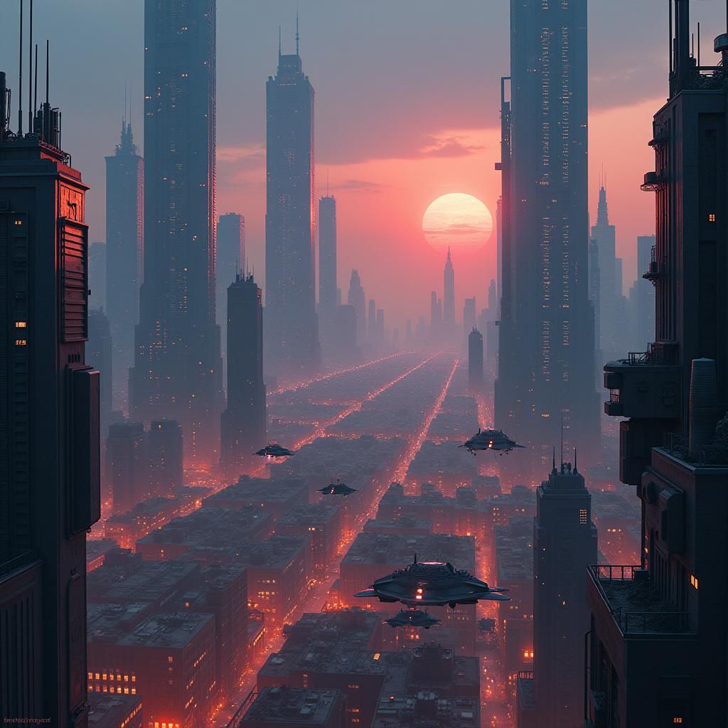 Futuristic Cityscape Protected by Force Fields at Dusk