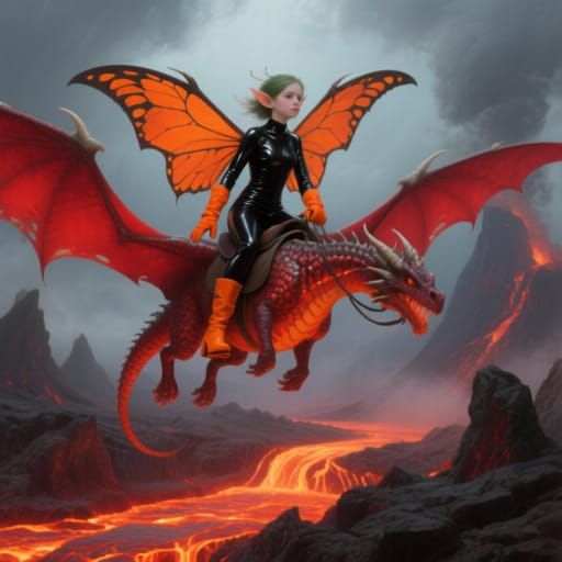 Latex Pixie Rides Fire Dragon Through Volcanic Landscape