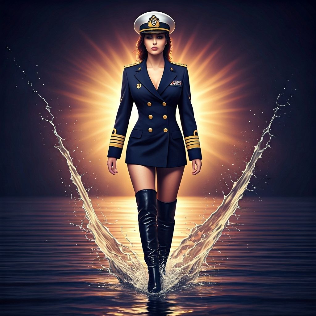 Navy Officer Wades Towards Camera in Wet Thigh Boots