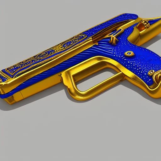 Golden Pistol with Blue Handle in 3D