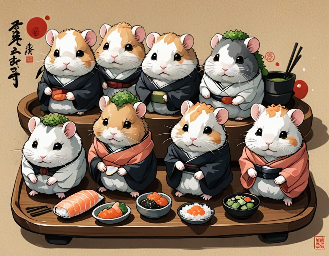 Cute Sushi Hamsters in Traditional Japanese Art Style