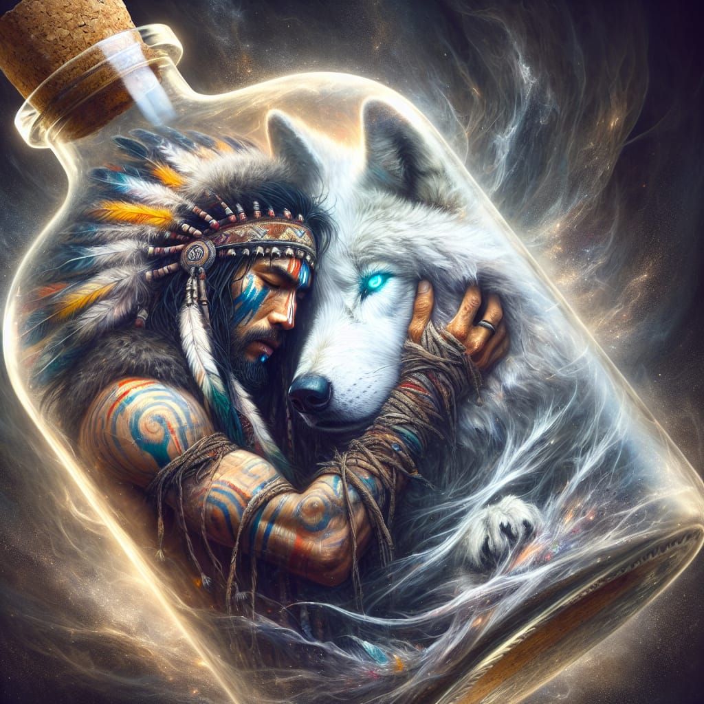 Mystical Warrior and Wolf Bonding Inside Ship-in-a-Bottle