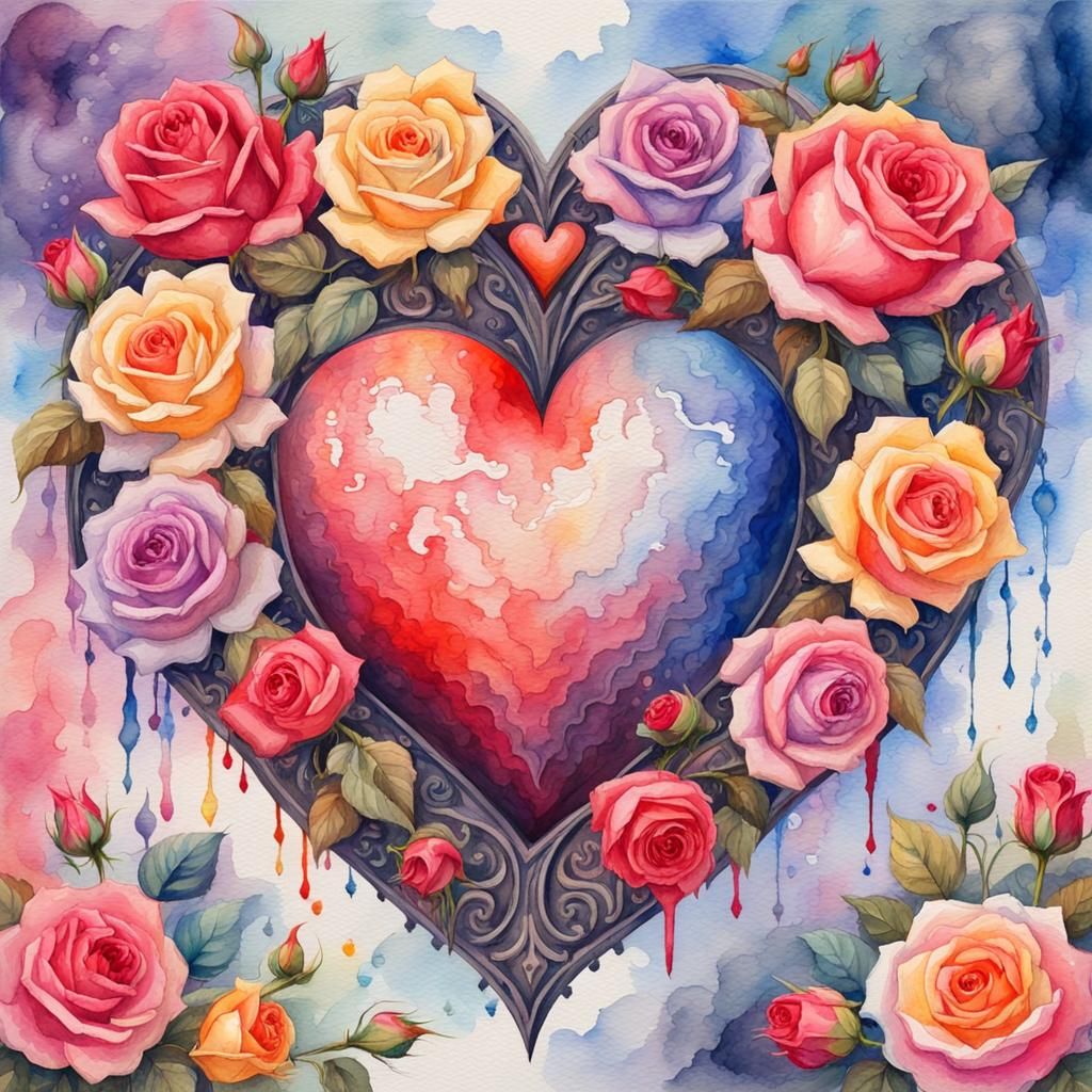 Colorful Fantasy Heart Surrounded by Roses