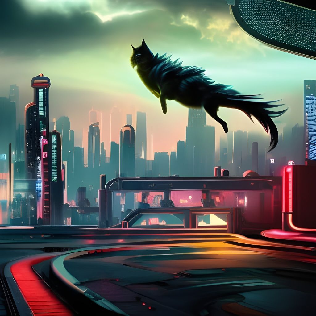 Black Cat in Time Wave: Cyberpunk Matte Painting
