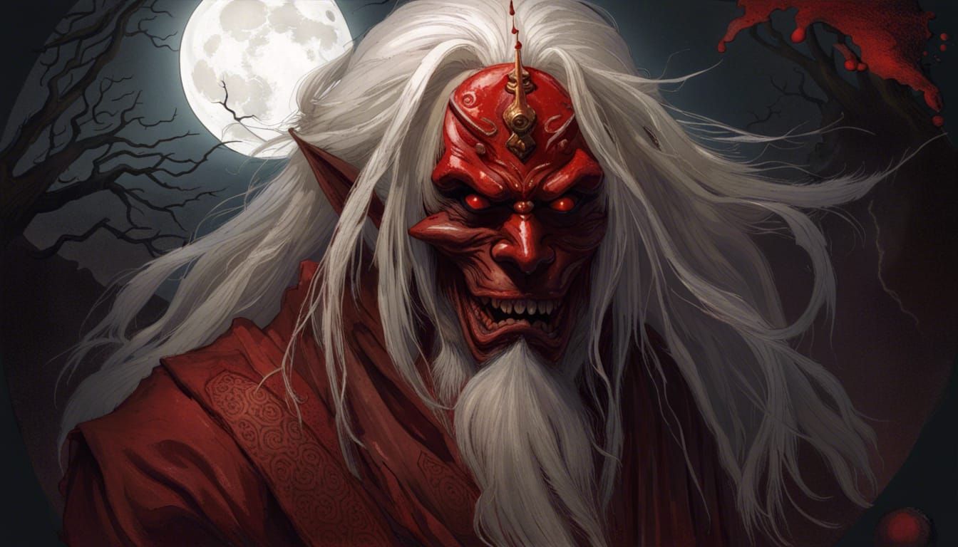 Oni with Red Mask in Oriental Horror Style