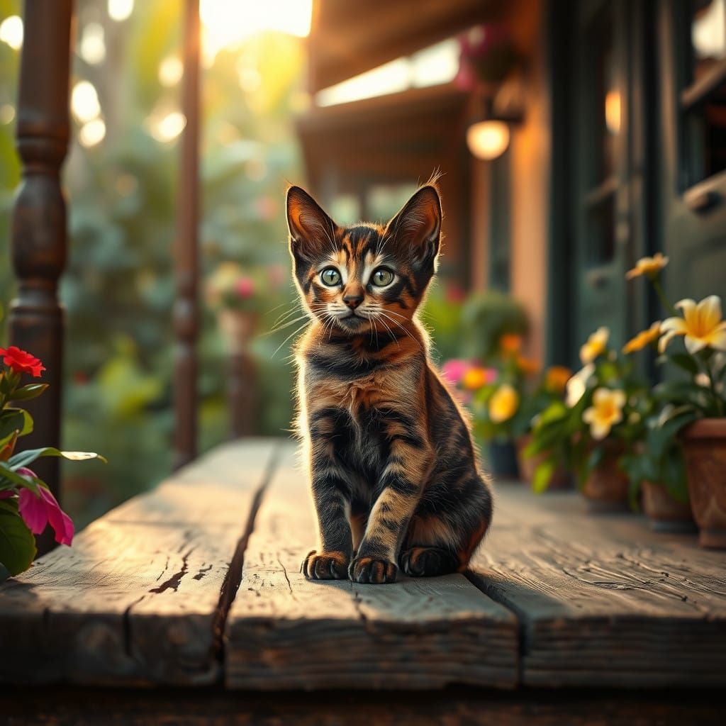 Elegant Tortoiseshell Kitten on a South American Hotel Porch