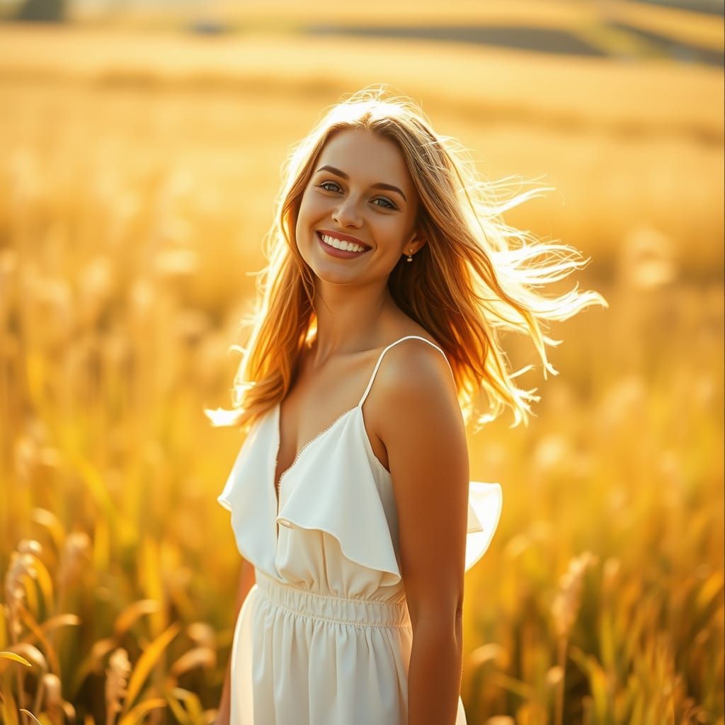 Radiant Woman in Sundress: 35mm Film Portrait