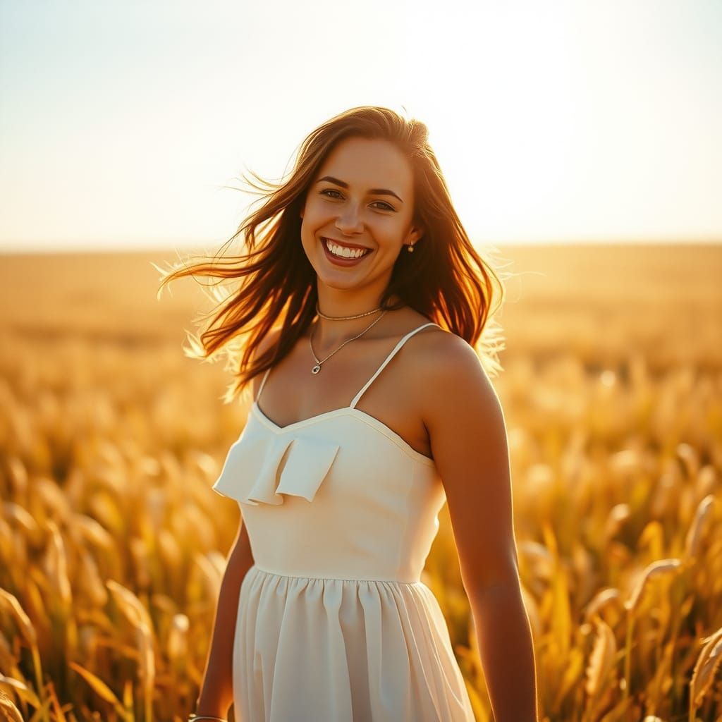 Radiant Woman in Sundress: 35mm Film Portrait