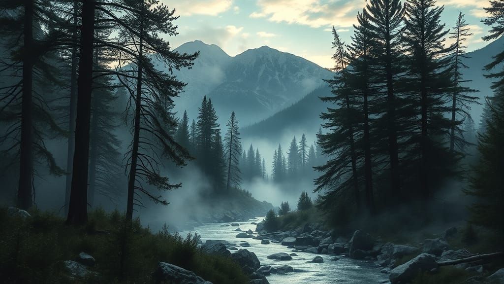 Silver Stream Through Misty Woods at Twilight