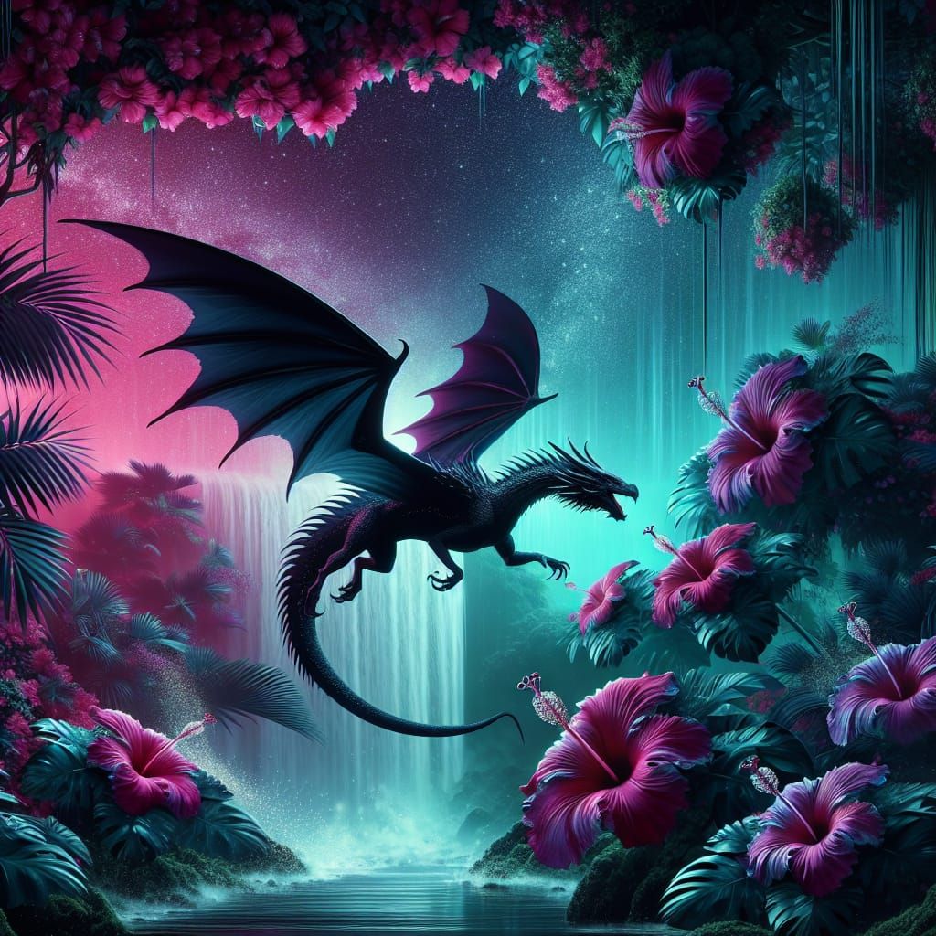 Phantasmal Black Dragon Soaring in Tropical Rainforest