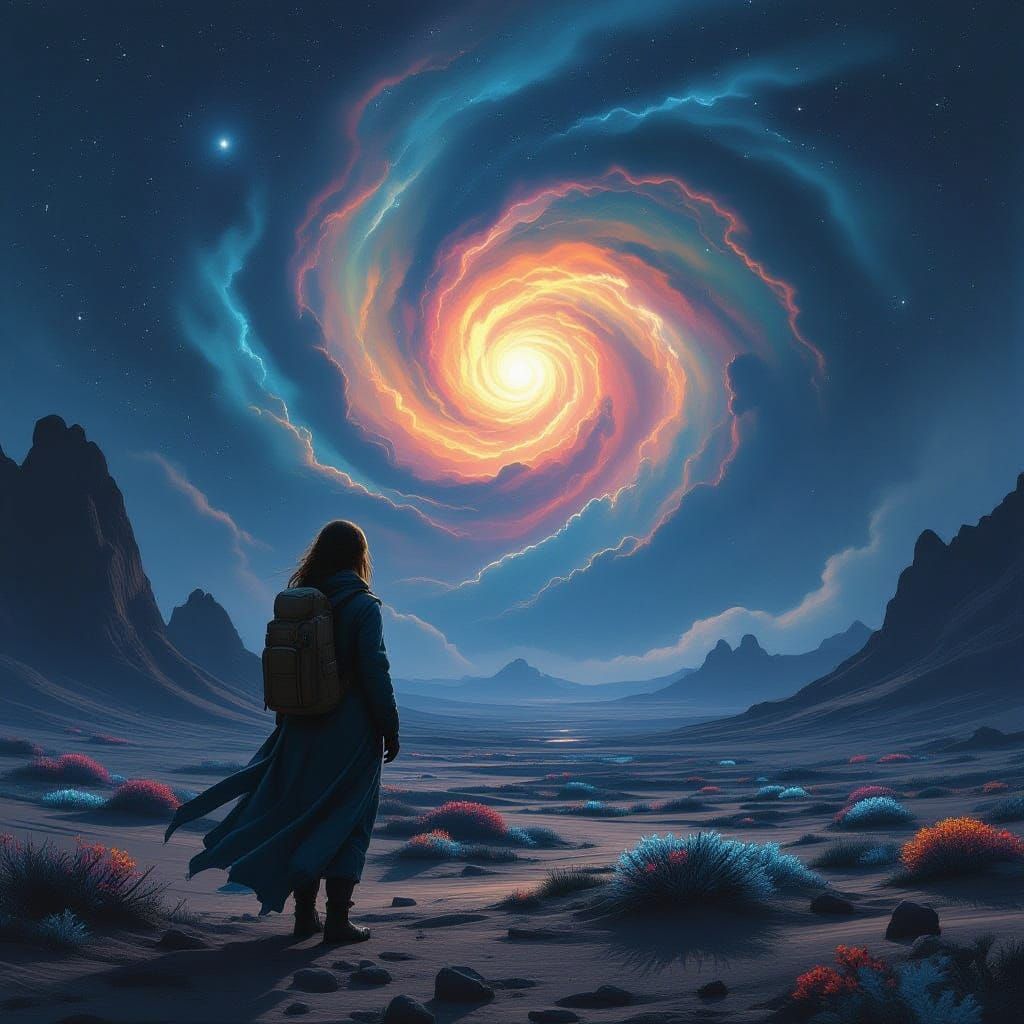 Woman Gazes at Nebula on Alien World