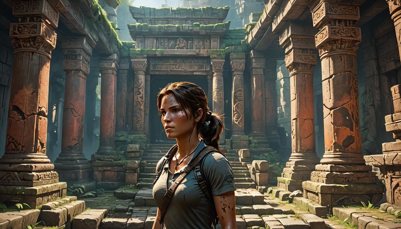 Lara Croft in Ancient Temple: Anime-Inspired Art