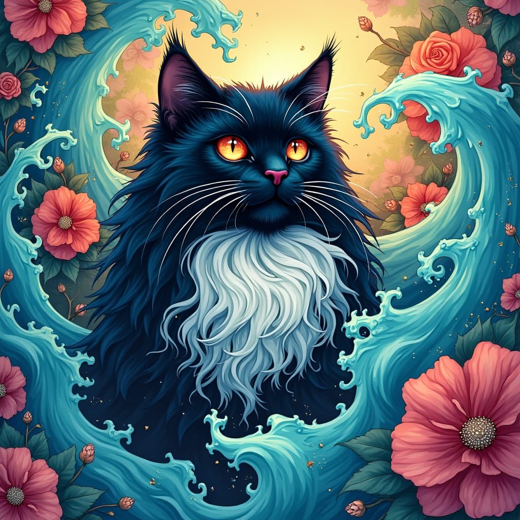 Majestic Tuxedo Cat in Anime-Inspired Floral Dreamscape