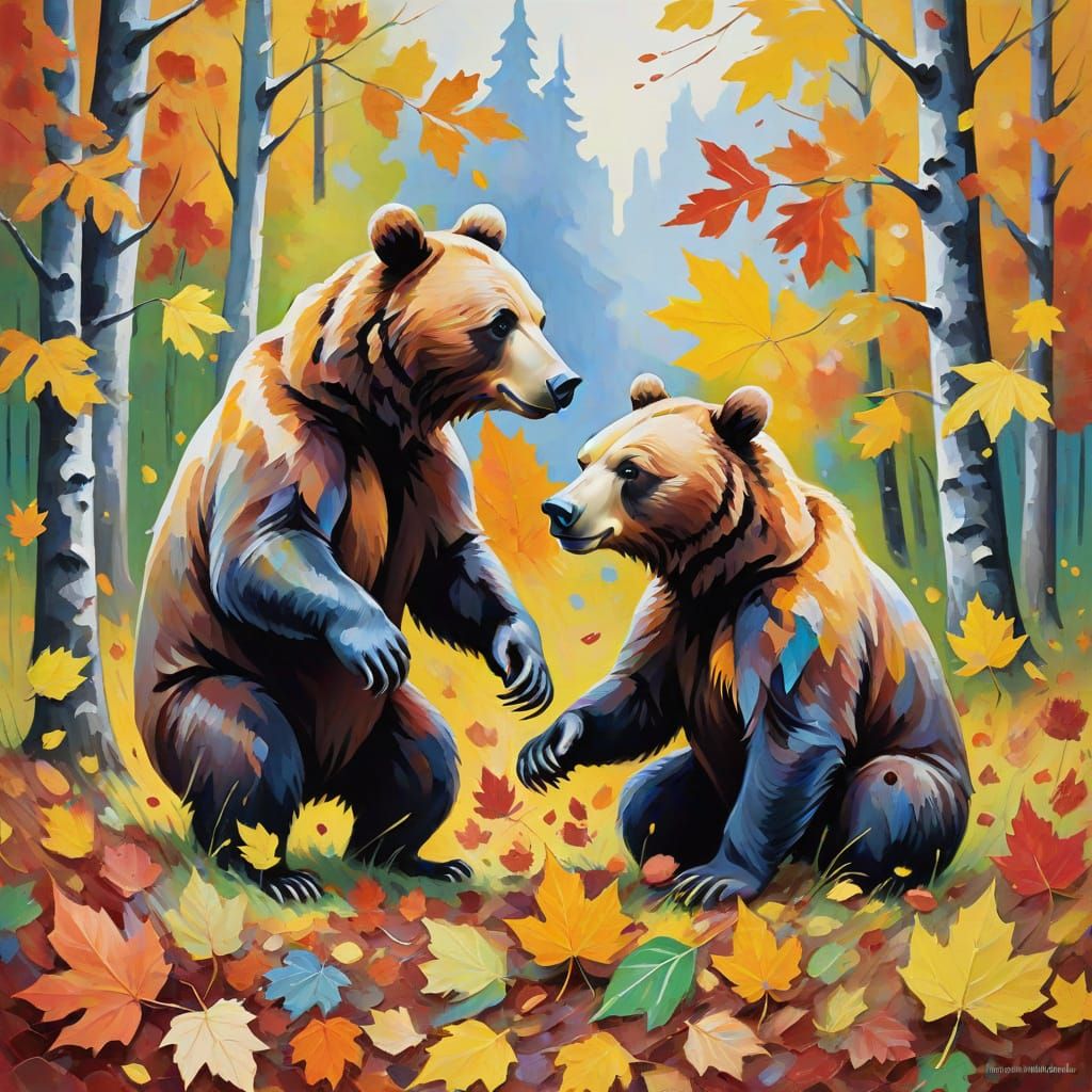 Bears Playing in Autumn Leaves Neo-Impressionist Style