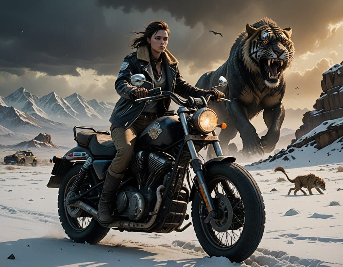 Gritty Post-Apocalyptic Rider Faces Saber-Toothed Tigers and...