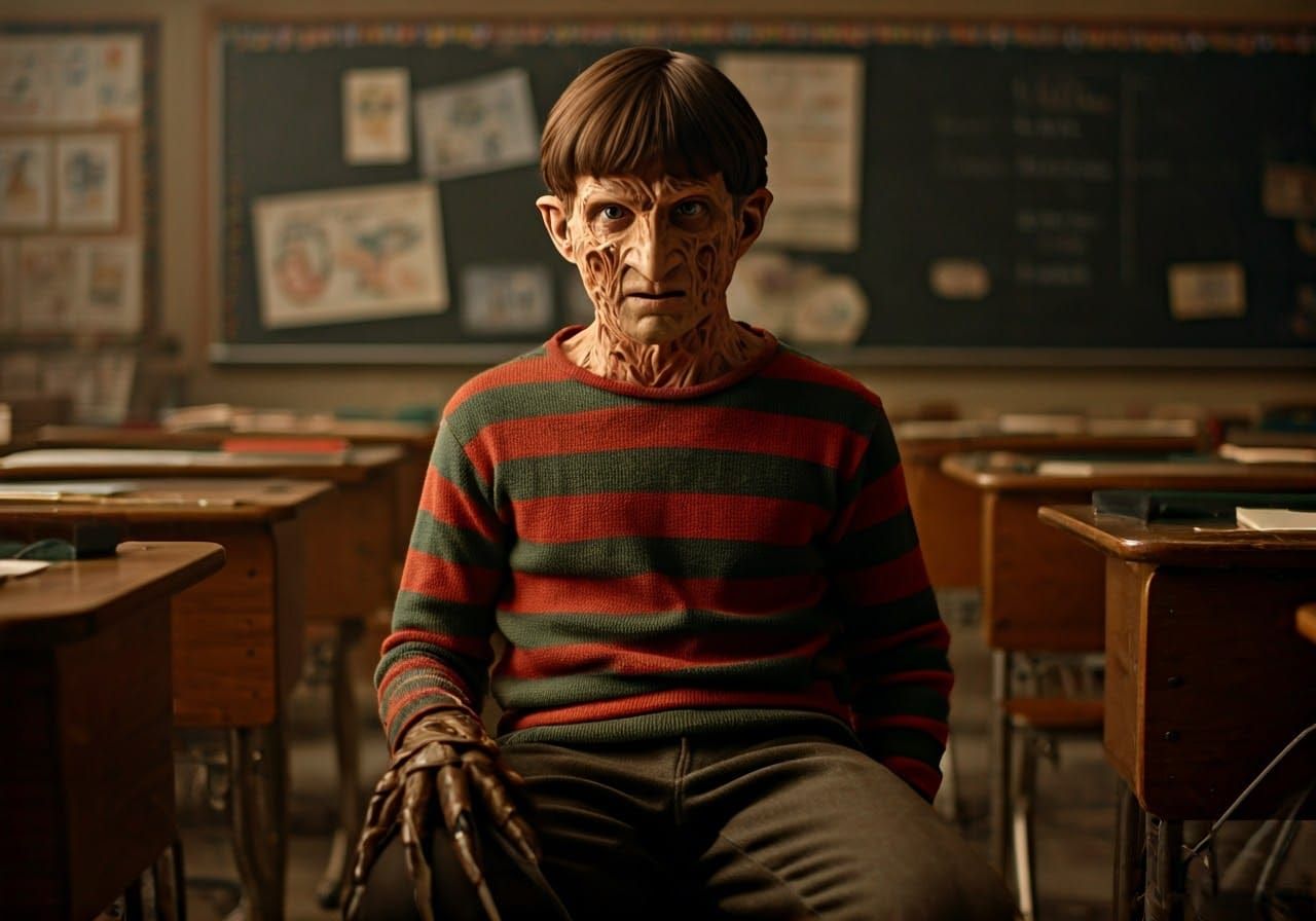 Freddy Krueger as 70s Schoolboy in Eerie Classroom