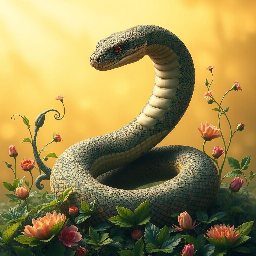 Serpent in Floral Tapestry, Dreamlike Art