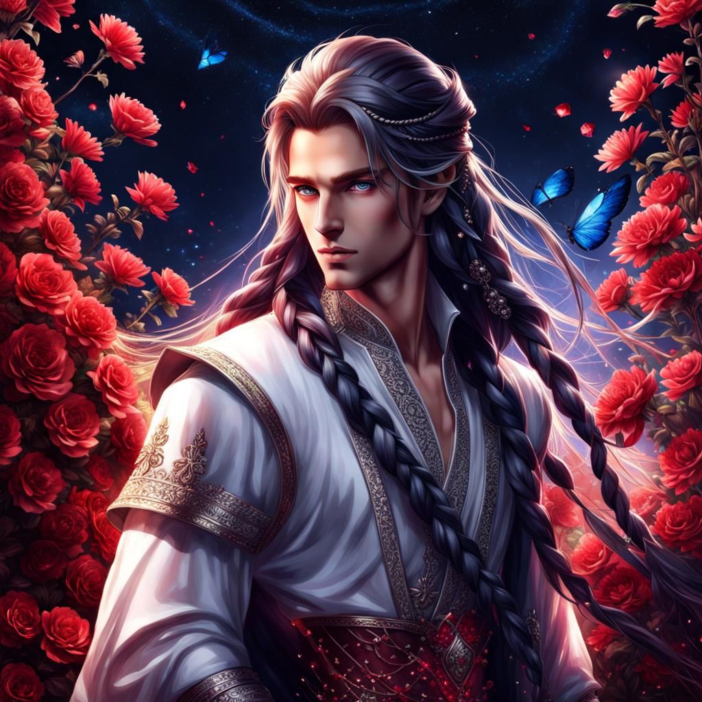 Handsome Fantasy Prince with Braided Hair in Selective Color