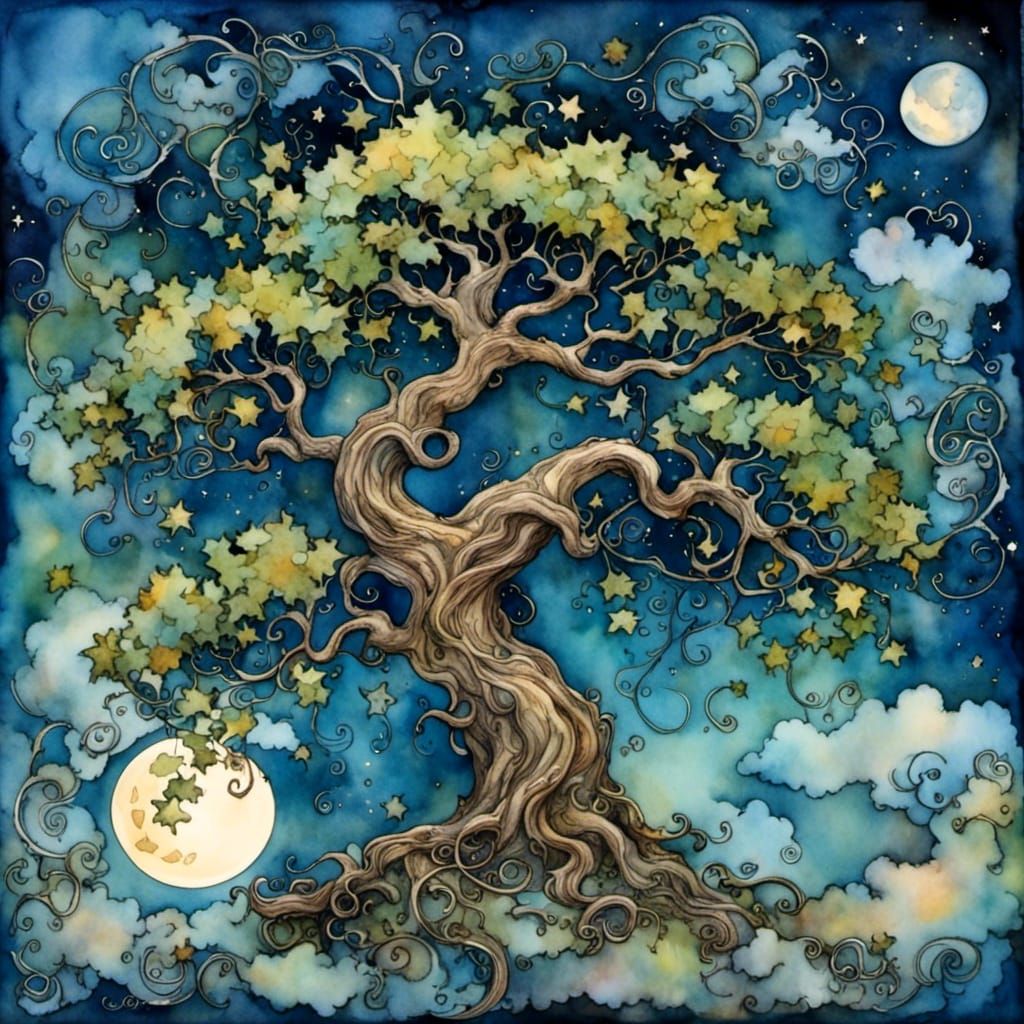 Oak Tree with Starry Sky in Alcohol Ink Style