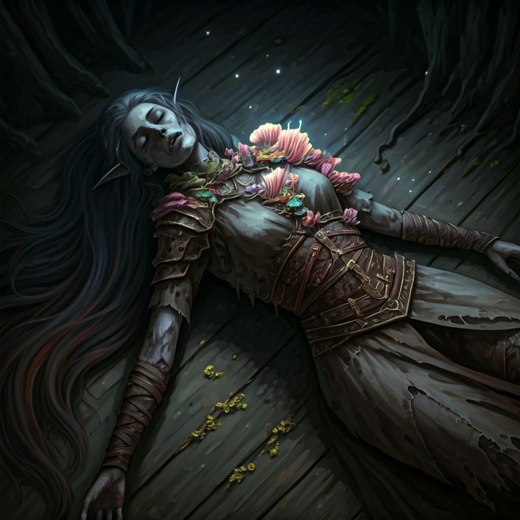 Deceased Dark Elf Covered in Fungi and Mycelium