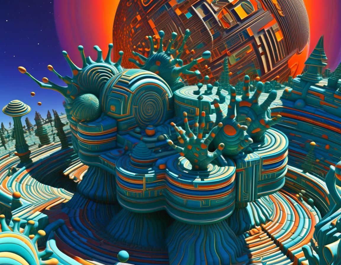 Surreal Alien Scene with Rotating 3D Mandelbulb