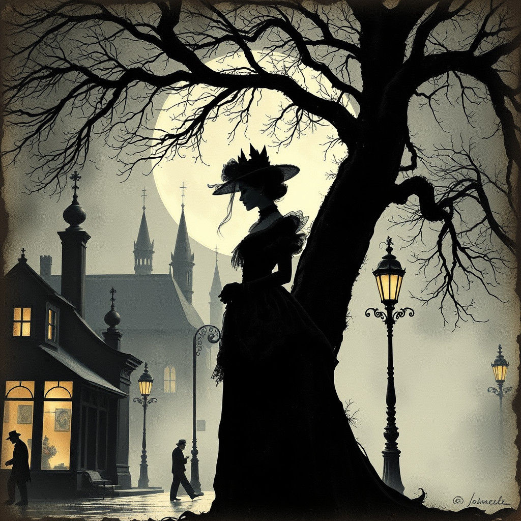 Victorian Lady Silhouette in Steampunk Ink Painting