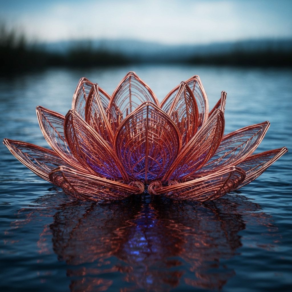 Copper Wire Lotus Sculpture on Water in Dramatic Lighting