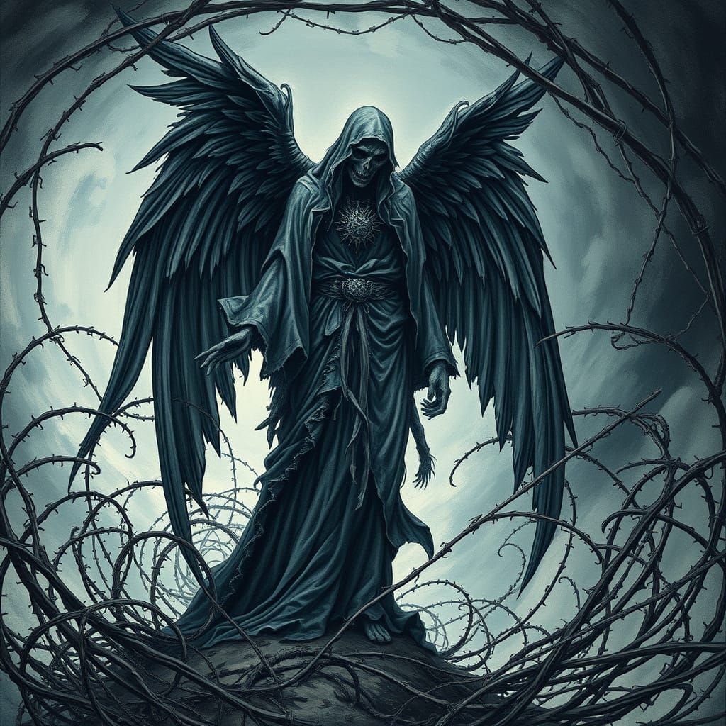 Gothic Death Angel Surrounded by Twisted Thorns and Barbed W...