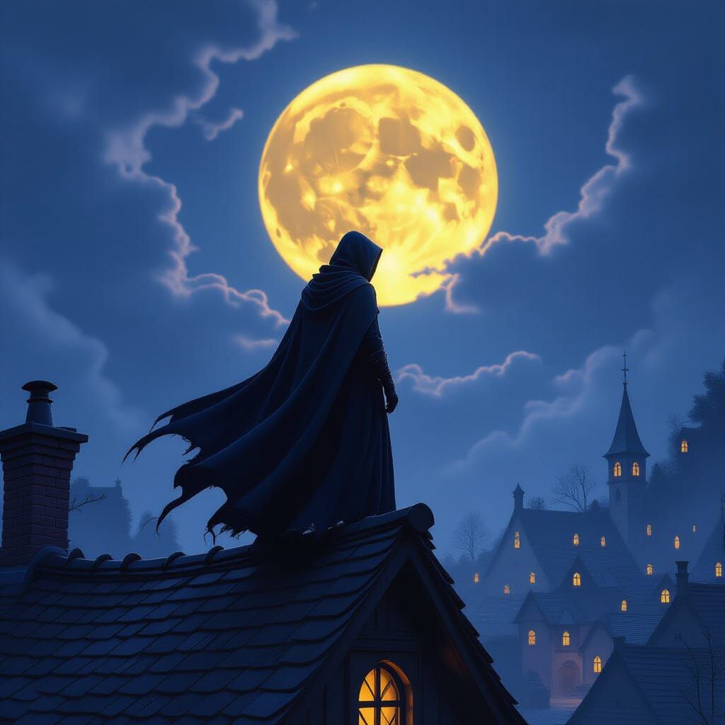 Mysterious Figure in Moonlit Fantasy Village