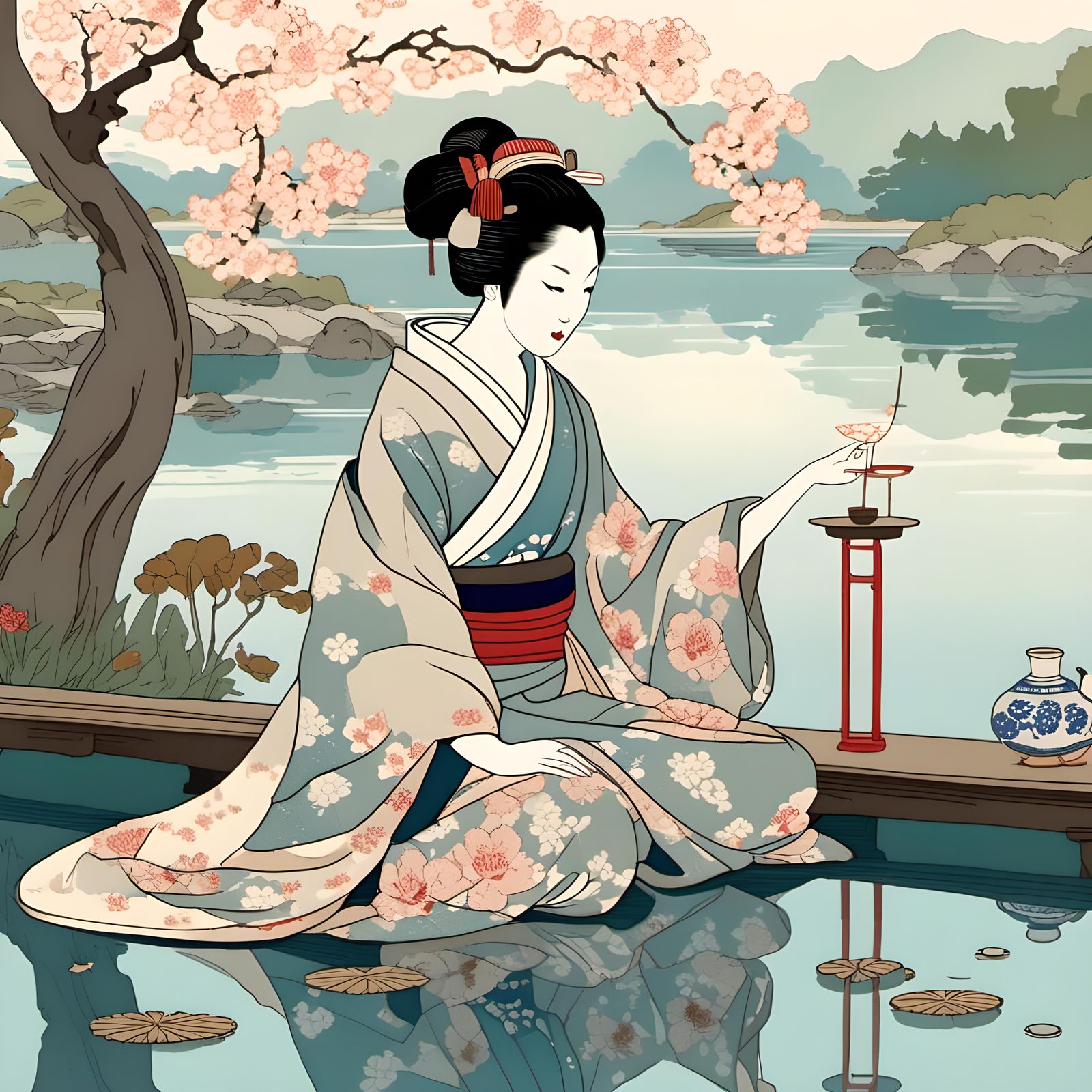 Ukiyo-e print depicting the art of the tea ceremony by Mizun...