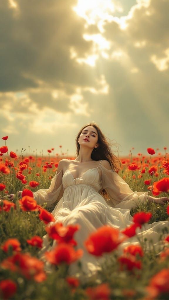 Woman in Poppy Field Under Dramatic Sky, Painterly Style