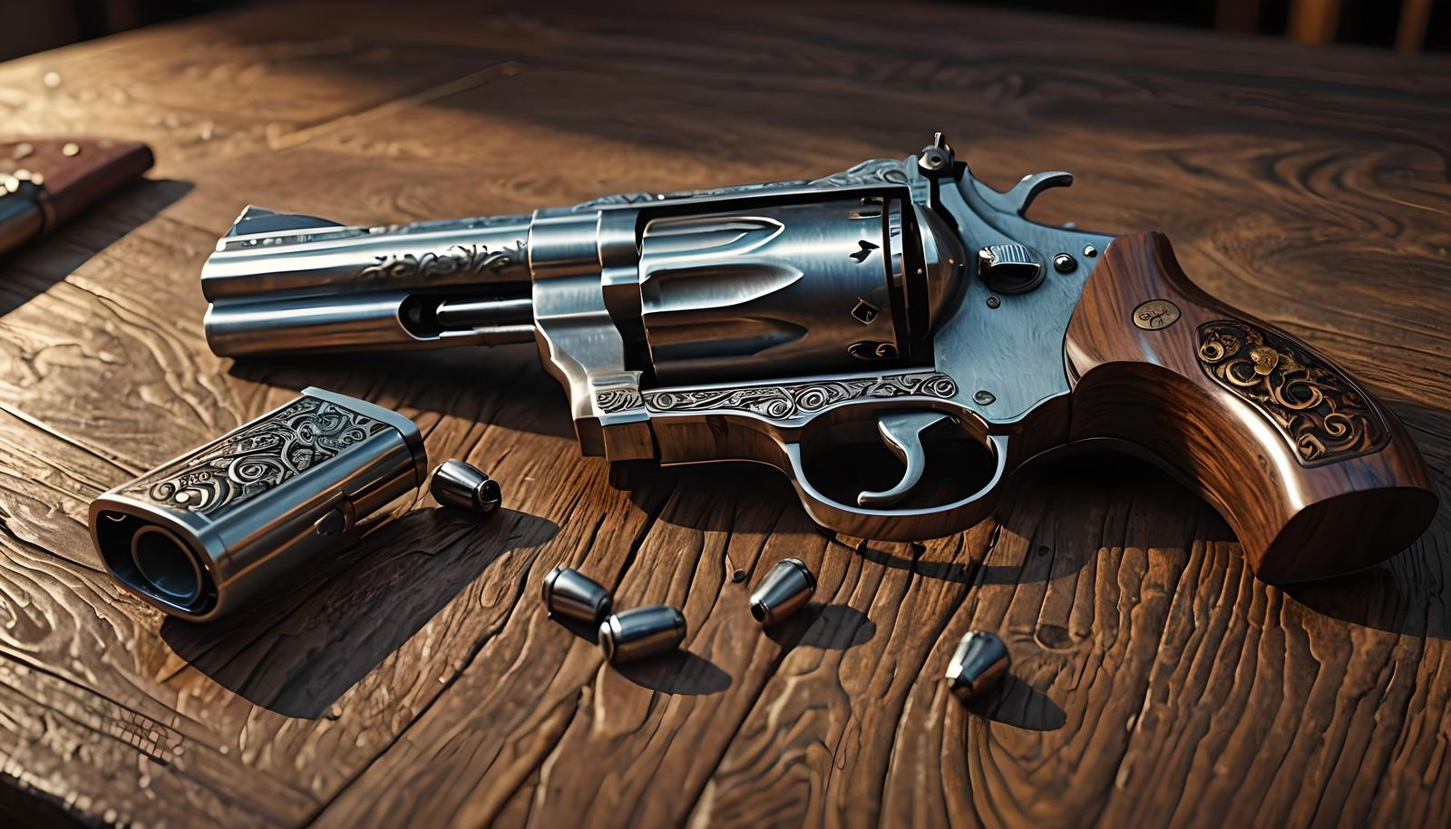 Detailed Revolver on Wooden Table, Matte Painting Style