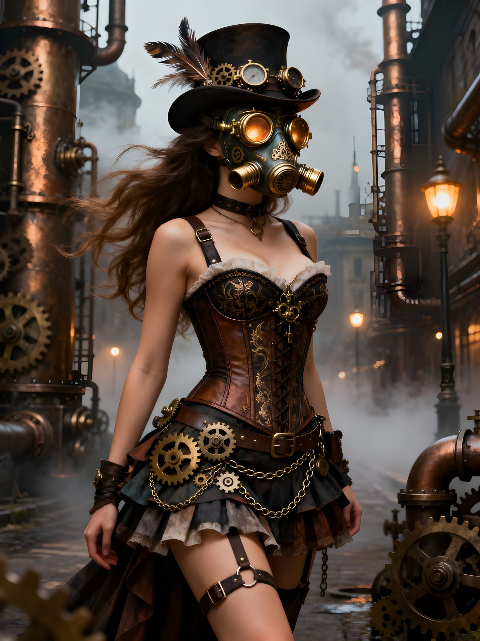 Sensual Steampunk Woman in Detailed Cityscape