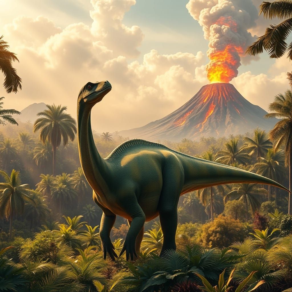 Majestic Sauropoda in Ancient Forest Amidst Erupting Volcano