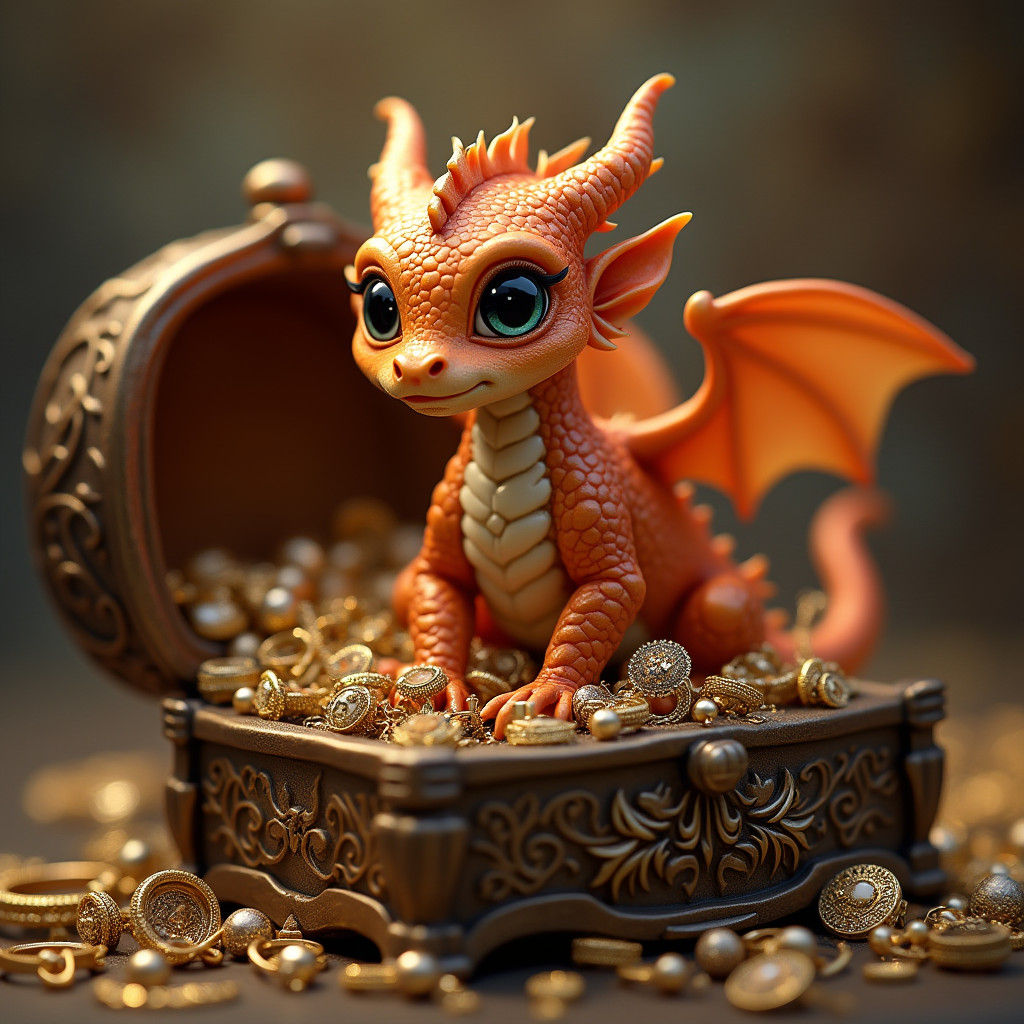 Bronze Dragon with Glowing Jewelry Treasure Trove
