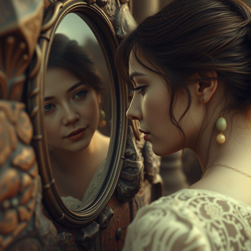 Surreal Woman Contemplates Time in Sepia Hues