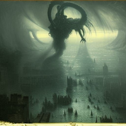 Cthulhu's Wrath: City Ablaze in Dark Romanticism
